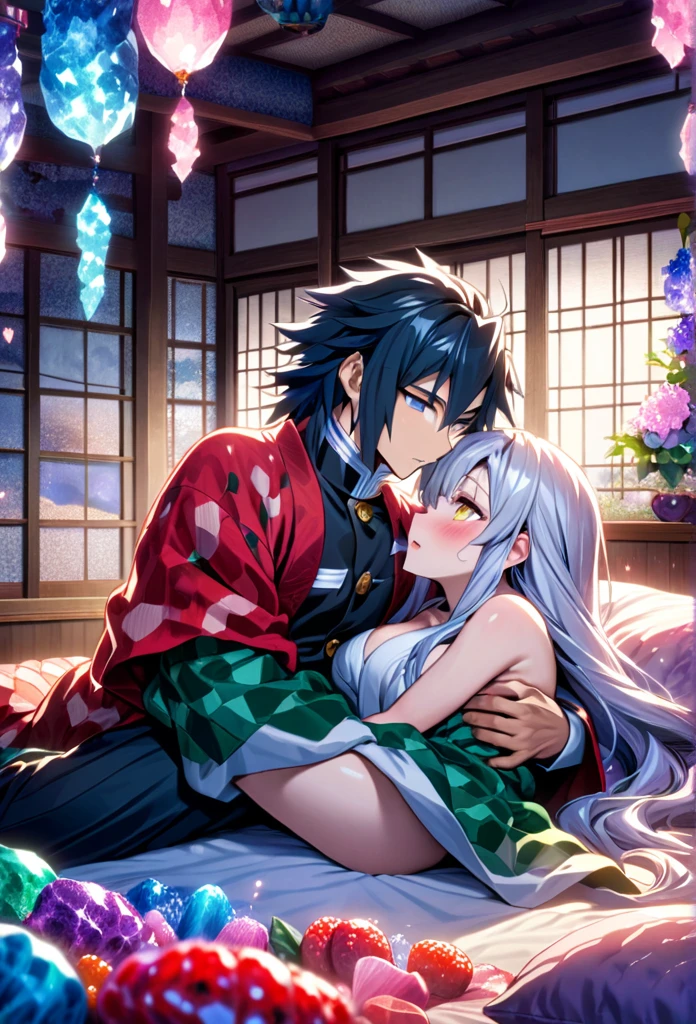 Ultra detailed, highres, absurdres, HDR, master piece, anime girl and boy, pretty woman with white long hair with deep red streaks, girl with yellow eyes, the girl is using a red haori, black demon slayer uniform, Kimetsu No Yaiba, fantasy, handsome, Tomioka Giyu, Water Hashira, Tomioka hugging, couple, romantic, both lying in bed, inside a japonese house, best quality, extremely detailed face, love, passion, romance, anime, they are really in love, hot, sexy, he wants do kiss her