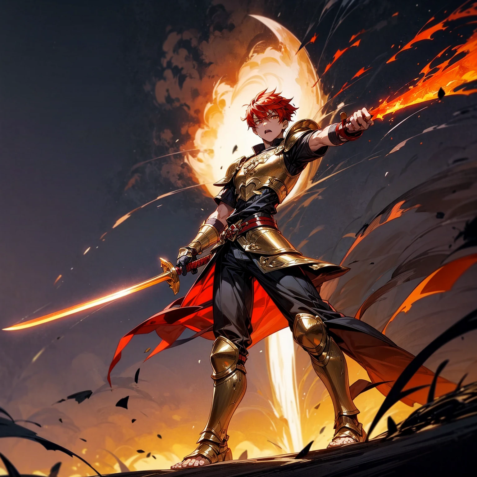1boys, Full body version, orange eyes, undercut hair, red colour hair, very angry expression, gladiator clothing, short sleeve shirt, gladiator skirt, gold big armor body, bodybelt, gladiator sandals, Spatha sword in hand, (war gesture), Grassroots background in war, Full background, night, moonlight behind, moonlight silhouette, explosion, fire, fire background, blood on face, blood on sword, blood on armor, fire sword