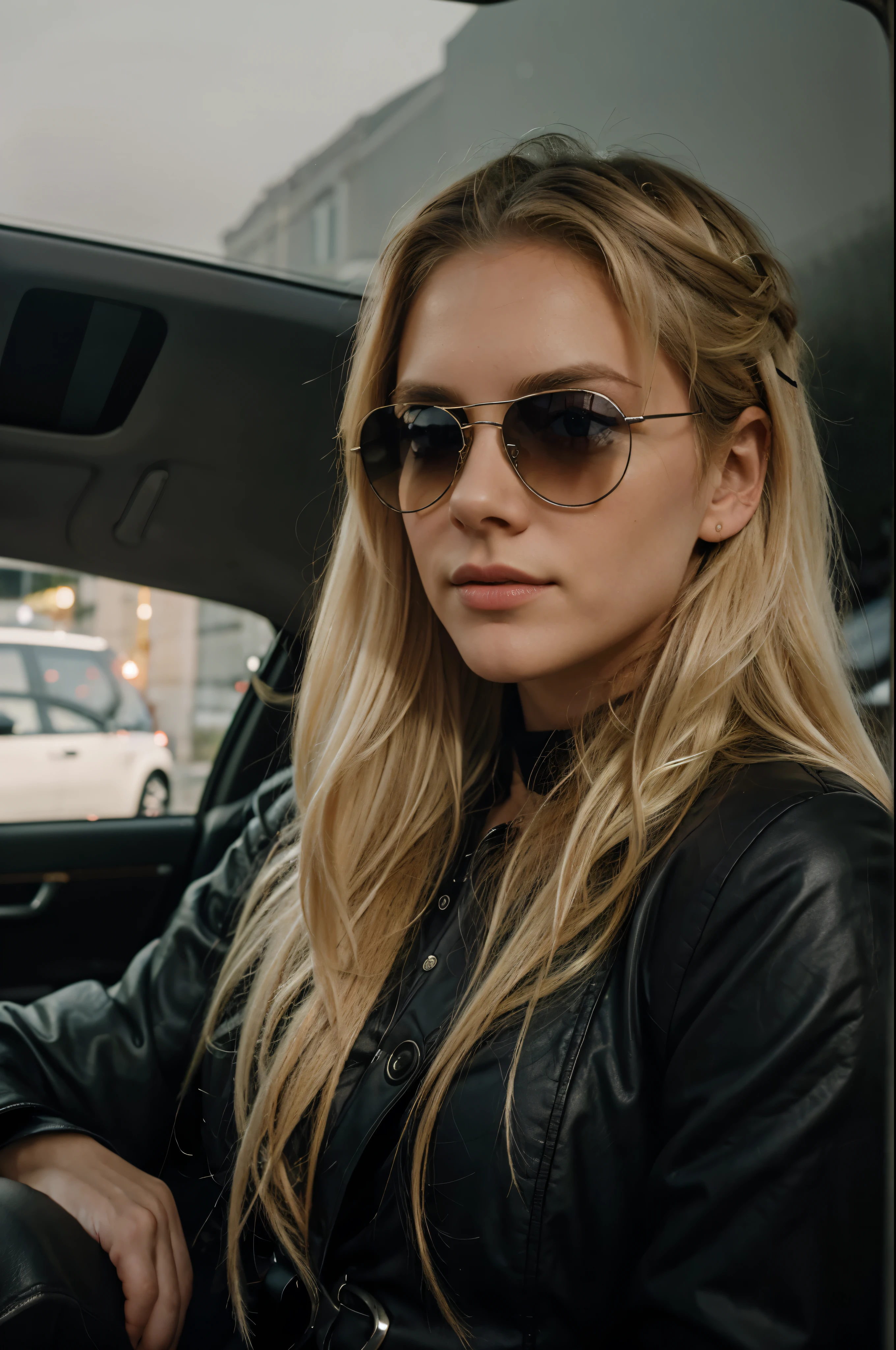driving car with sunglasses, evening, dark lights, best quality, ​masterpiece, foto realista, Intricate detailing, RAW-Foto, Ultra-detail, blond hair, cute face, Cup size B, blond hair, perfect and blue eyes, HD quality, 8K, young woman, 20 age old