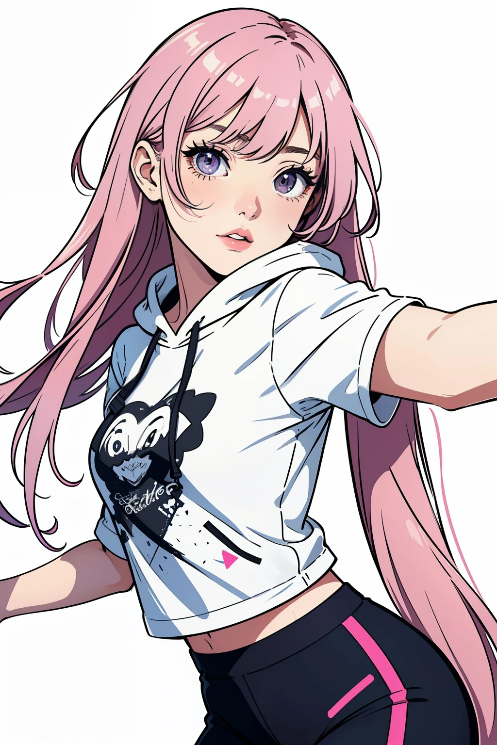 Create a vector design for a t-shirt featuring a stylish girl wearing a hoodie. The design should highlight her in a dynamic pose, capturing a sense of confidence and modern street style. The hoodie should have intricate patterns and a logo design on the front. Use a color palette of pastel pinks, purples, and whites, with subtle gradients to add depth. The overall style should blend elements of anime and minimalist digital art, with clean lines and a sleek finish. Include background elements like abstract shapes and geometric patterns to enhance the visual appeal.