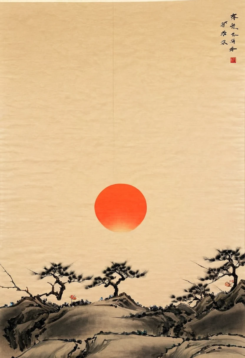 A rising sun，There are no clouds in the sky，一个正走向阳光的Back，Back，迎着阳光的Back，Simple picture，Very real，Minimalist style，Warm colors
