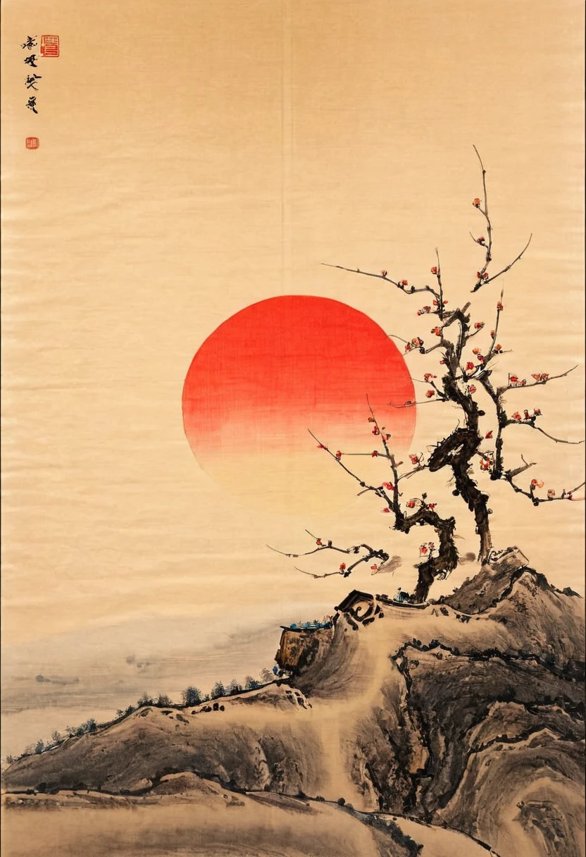 A rising sun,There are no clouds in the sky,一个正走向阳光的Back,Back,迎着阳光的Back,Simple picture,Very real,Minimalist style,Warm colors