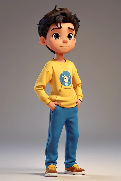 Long sleeve T-shirt with yellow, Sweatpants with light blue, boy, Black Hair, Hair is not bouncing, Brown shoes, Left hand on hip pose, Raise your right hand and make a pointing pose,