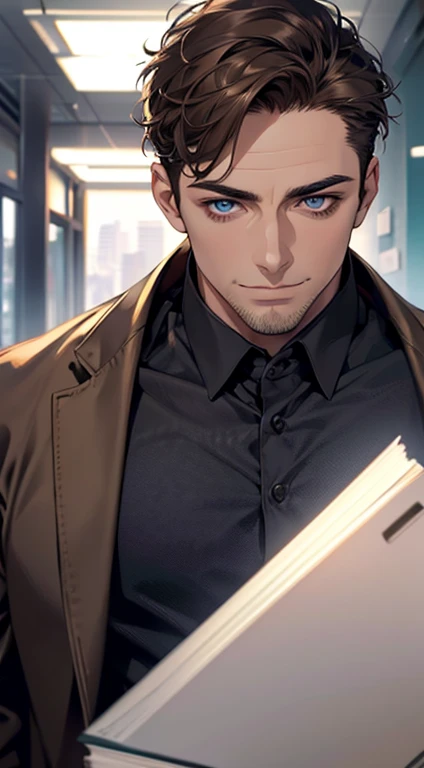 (best quality,4k,8k,highres,masterpiece:1.2),ultra-detailed,(realistic,photorealistic,photo-realistic:1.37),1 man,31 years old,mature man,very handsome,without expression,smile,short grey brown hair,blue eyes,penetrating gaze,perfect face without errors,imposing posture,businessman,office background,cinematic lighting,hdr image
