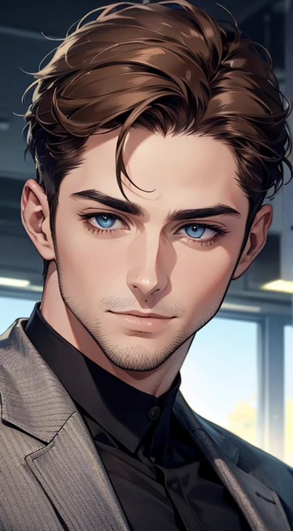 (best quality,4k,8k,highres,masterpiece:1.2),ultra-detailed,(realistic,photorealistic,photo-realistic:1.37),1 man,31 years old,mature man,very handsome,without expression,smile,short grey brown hair,blue eyes,penetrating gaze,perfect face without errors,imposing posture,businessman,office background,cinematic lighting,hdr image