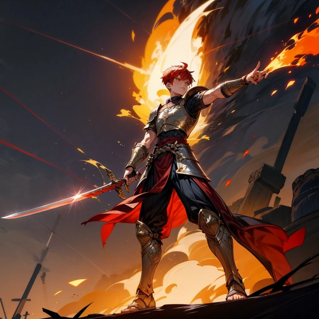 1boys, Full body version, orange eyes, undercut hair, red colour hair, very angry expression, gladiator clothing, short sleeve shirt, gladiator skirt, gold big armor body, bodybelt, gladiator sandals, Spatha sword in hand, (war gesture), Grassroots background in war, Full background, night, moonlight behind, moonlight silhouette, explosion, fire, fire background, blood on face, blood on sword, blood on armor, fire sword