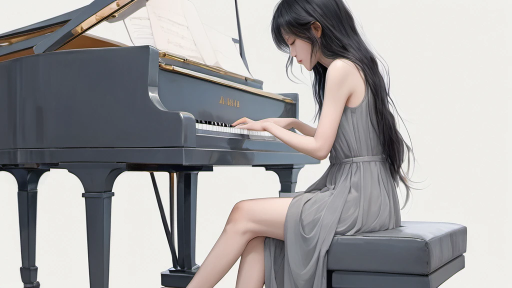 xxmixgirl,,Jing-Hao Zhang style, dark gray and light black, 8K resolution, Miho Hirano, character caricature, Albert Edelfeldt, playing the piano
