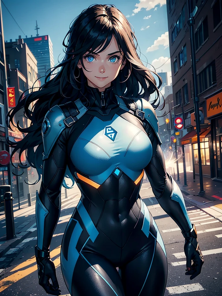 16K, HDR,UHD, RTX, ray tracing, chiaroscuro, best quality, masterpiece, ethereal, perfect illustration, digital artwork, trending on artstation, jaw-dropping perfection, ultra realistic, textured amazing lighting effects, perfect shadows, WLOP, 1girl, beautiful mature edgy woman in a cool long jacket and black pants, superhero suit, stomach covered by clothing, shoulder-length hair, shoulder-length hair, wavy hair, black hair, highly detailed glowing blue eyes, glowing eyes, blue eyes, beautiful glowy blue eyes, detailed eyes, beautiful face, perfect anatomy, broad shoulders, strong upper-body, modern city, city, beautiful weather, stunning sunshine, sunny, daylight, sunlight, modern, nature, daytime, superhero, uplifting, heroic, heroic pose, smiling, smiling at camera, athletic, hands near hips, glowy eyes, daytime, black and blue superhero suit, metal shoulder-pads, summertime, radiant sunlight, beautiful cityscape, hair blowing in wind, manly shoulders, big smile, wide smile, happy eyes, joyful, smiling with teeth, very tall, wide shoulders