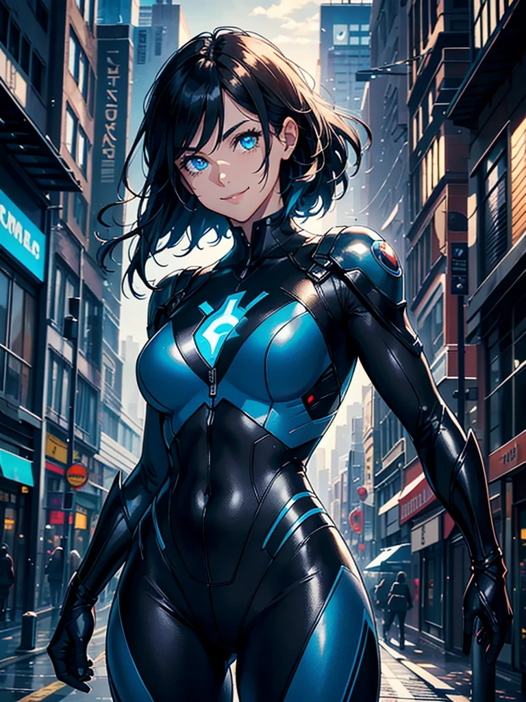 16K, HDR,UHD, RTX, ray tracing, chiaroscuro, best quality, masterpiece, ethereal, perfect illustration, digital artwork, trending on artstation, jaw-dropping perfection, ultra realistic, textured amazing lighting effects, perfect shadows, WLOP, 1girl, beautiful mature edgy woman in a cool long jacket and black pants, superhero suit, stomach covered by clothing, shoulder-length hair, shoulder-length hair, wavy hair, black hair, highly detailed glowing blue eyes, glowing eyes, blue eyes, beautiful glowy blue eyes, detailed eyes, beautiful face, perfect anatomy, broad shoulders, strong upper-body, modern city, city, beautiful weather, stunning sunshine, sunny, daylight, sunlight, modern, nature, daytime, superhero, uplifting, heroic, heroic pose, smiling, smiling at camera, athletic, hands near hips, glowy eyes, daytime, black and blue superhero suit, metal shoulder-pads, summertime, radiant sunlight, beautiful cityscape, hair blowing in wind, manly shoulders, big smile, wide smile, happy eyes, joyful, smiling with teeth, very tall, wide shoulders
