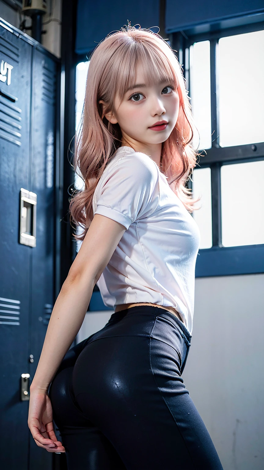 masterpiece, ultra high res, (photorealistic:1.4), 8k, RAW photo, best quality, detailed shadow, sharp focus, bloom, (bokeh:1.3), (blue Hour Light:1.6), (dynamic pose:1.4), (from below:1.3), (back shot,ass,butt up), BREAK 1girl, (small breast:1.5), (round face:1.5), (light pink hair:1.5), (long hair:1.3), (wavy hair:1), (bangs:1.5), (fair skin:1.5), (transparent skin:1.5), (narrow weist:1.8), wide forehead, (skinny:1.2), ((towering:1.8)), (towering:1.5), (18 years old:1.5), (detailed and structured patterns:1.5), (tight Japanese Gym Uniform:1.8), (tight black buruma:1.8), (latex:1.6), (Futuristic locker room:1.4), (bedroom:1.4),round breasts
