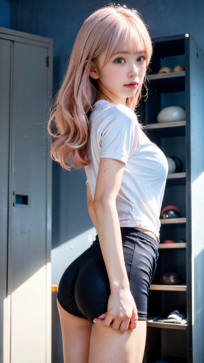 masterpiece, ultra high res, (photorealistic:1.4), 8k, RAW photo, best quality, detailed shadow, sharp focus, bloom, (bokeh:1.3), (blue Hour Light:1.6), (dynamic pose:1.4), (from below:1.3), (back shot,ass,butt up), BREAK 1girl, (small breast:1.5), (round face:1.5), (light pink hair:1.5), (long hair:1.3), (wavy hair:1), (bangs:1.5), (fair skin:1.5), (transparent skin:1.5), (narrow weist:1.8), wide forehead, (skinny:1.2), ((towering:1.8)), (towering:1.5), (18 years old:1.5), (detailed and structured patterns:1.5), (tight Japanese Gym Uniform:1.8), (tight black buruma:1.8), (latex:1.6), (Futuristic locker room:1.4), (bedroom:1.4),round breasts