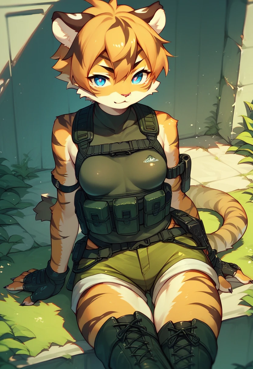 score_9, score_8_up) score_7_up, score_6_up, solo, tiger, kemono, anthro, cute, short hair, blue eyes, white pupils, sexy, orange fur, shorts, tactical harness, thigh high boots, assassin girl, sleeveless, mesh body suit, tactical gloves, small breasts,