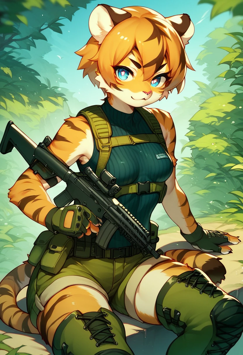 score_9, score_8_up) score_7_up, score_6_up, solo, tiger, kemono, anthro, cute, short hair, blue eyes, white pupils, sexy, orange fur, shorts, tactical harness, thigh high boots, assassin girl, sleeveless, mesh body suit, tactical gloves, small breasts,