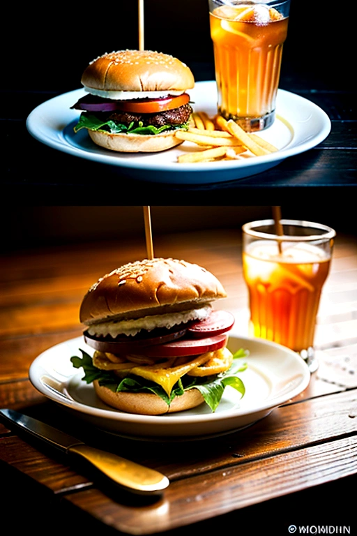 hamburger, french fries, One glass of soda, Super detailed, Ultra-realistic, High resolution