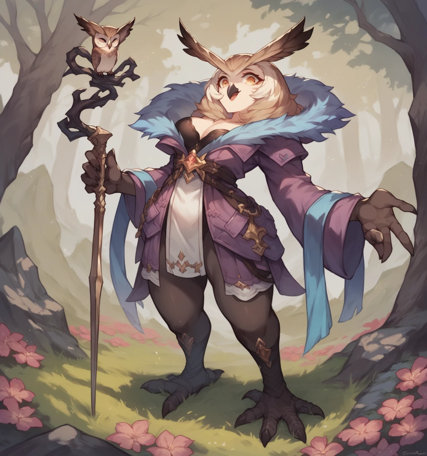 masterpiece, highly detailed, best quality, 1woman, adult, female focus, solo, Fantasy aesthetics, Highly detailed, shadowverse style, were owl
