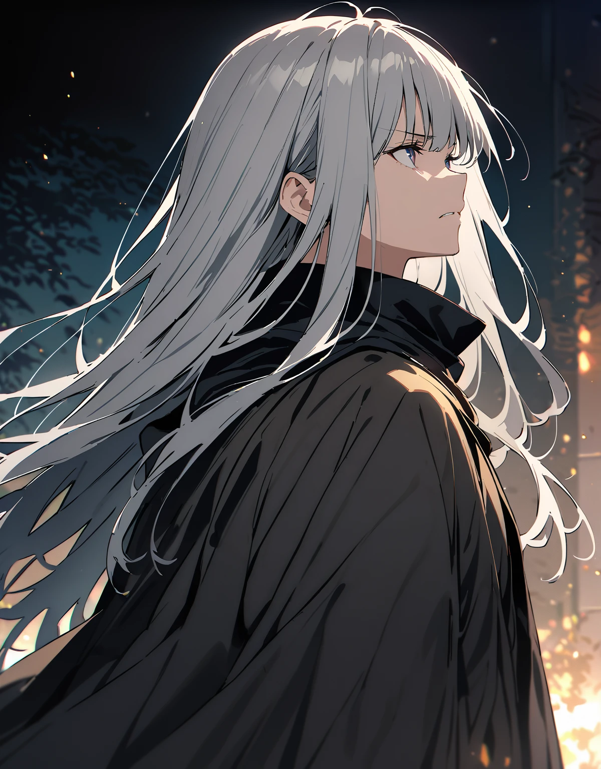 Highest quality、Very high quality、high resolution、Serious face,(Detailed face), (Fine grain),of long white hair, Gray-haired  流れるような髪と長いローブ, (The moon behind him), Wearing a long haired cloak, 白いLong Hairの,  Gray-haired, Long Hair,(Looking up at the sky)(profile)