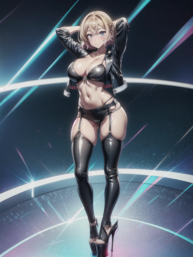 more_details:0.8,(((solo))),(((1 girl))), beautiful, illustration, extremely detailed skin, masterpiece, best quality, extremely detailed face, vibrant colors, depth of field, cinematic lighting, sharp focus, slender, slim, pov, (anime screencap:1.1), (smile), blush, (((shiny skin))), (glistening skin), light rays, lens flare, areola, garter belt, black stockings, black thighhighs, thighs, large breasts, ((((leather mini jacket, cropped jacket)))), looking seductive, bimbofication, cameltoe, slut, skindentation, (lingerie) , (full body shot), (round-toed heels), (Highness heels), (platform heels), (stiletto heels), (((pip-toe heels))), (((standing))), mami nanami,Manga Style,, (bodycon),more_details:-1, more_details:0, more_details:0.5, more_details:1, more_details:1.5, hands above head, arms up