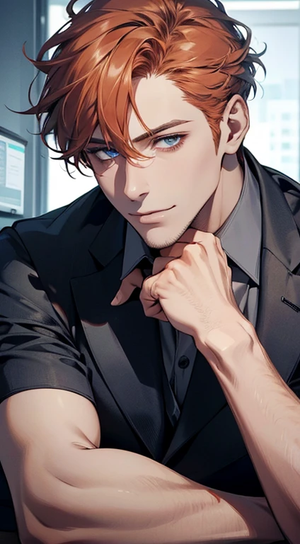(best quality,4k,8k,highres,masterpiece:1.2),ultra-detailed,(realistic,photorealistic,photo-realistic:1.37),1 man,31 years old,mature man,very handsome,without expression,smile,short grey b
Orange hair,blue eyes,penetrating gaze,perfect face without errors,imposing posture,businessman,office background,cinematic lighting,hdr image