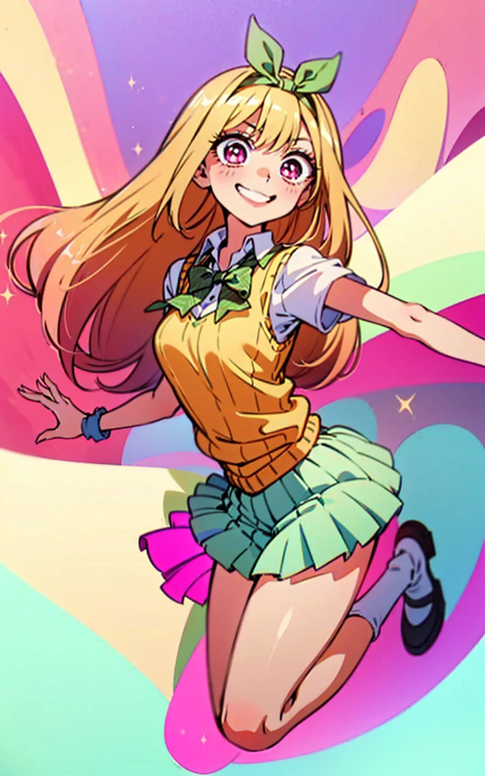 Marin kitagawa, long hair, marin drssed up as Yotsuba Nakano, long blonde hair with pink ends, sparkling pink eyes, sweet face, cheery, playful happy face, lovely, 4k, perfect quality, excellent fusion, excellent character design, green ribbon, sleeveless yellow sweater, collared white short sleeved shirt, green bow tie, green pleated skirt, bright colors, pastel coloured image, vivid colours, light colours, simple background, magic hill background, splendid nature, natural light, daylight, full body, full shot, dinamic pose, extremely detailed, clean lineart, neat, smile