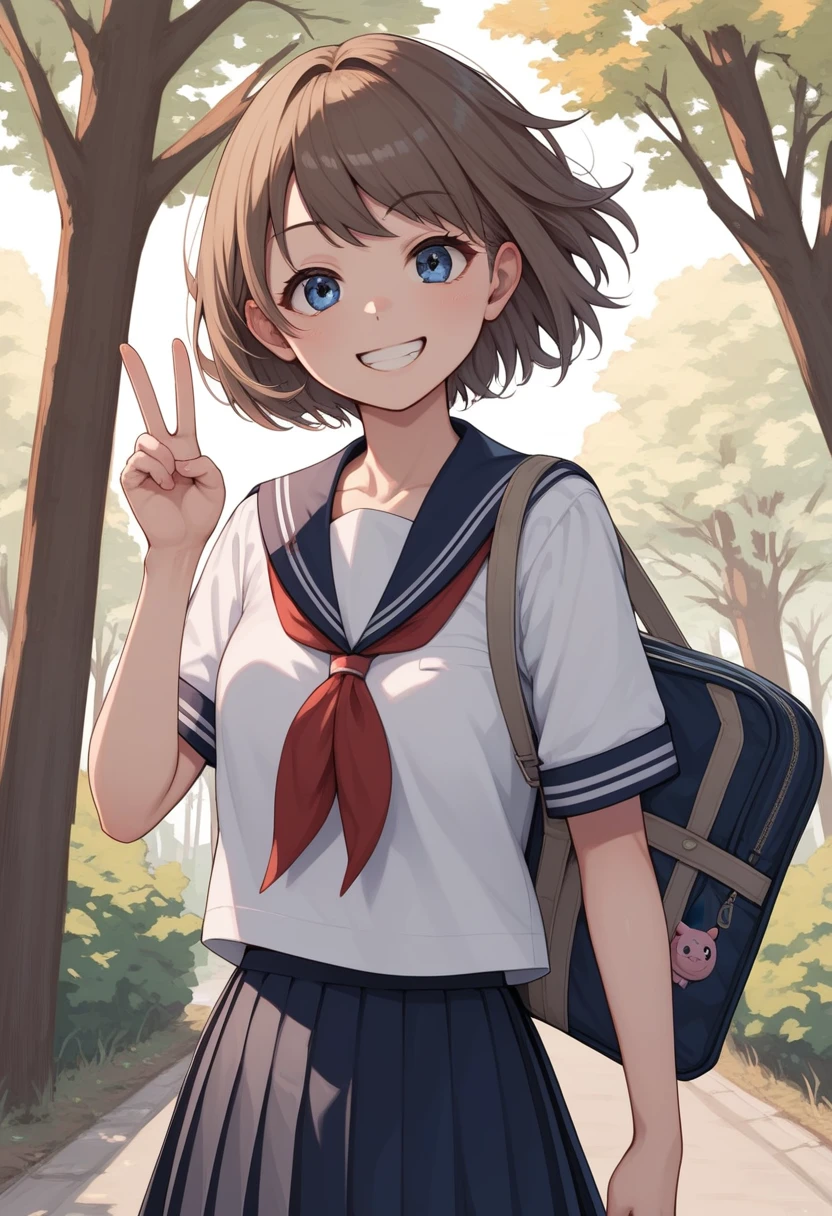 1girl, solo, looking_at_viewer, smile, short_hair, blue_eyes, skirt, brown_hair, shirt, school_uniform, white_shirt, short_sleeves, grey_hair, pleated_skirt, outdoors, serafuku, sailor_collar, bag, grin, tree, neckerchief, v, grey_skirt, school_bag, uranohoshi_school_uniform, 