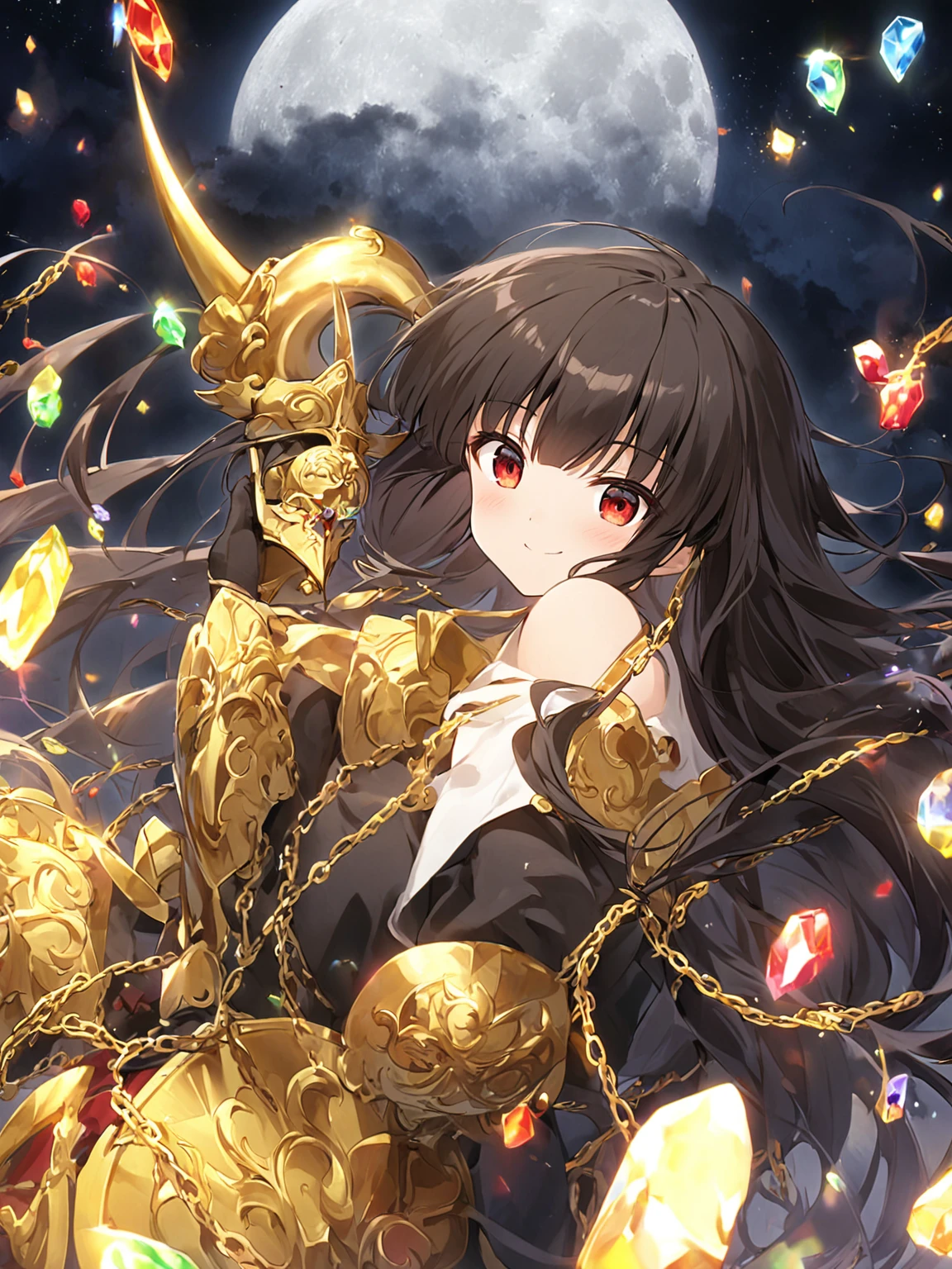 defined lines,houraisan_kaguya_touhou,long_hair, black_hair, very_long_hair, smile,bangs, red_eyes, brown_eyes,(Ornate golden armor plates,golden horn ornaments,multicolored gemstones,yellow and black clothes,black glove,Black torso,Golden chains),night,moon in the upper left corner
