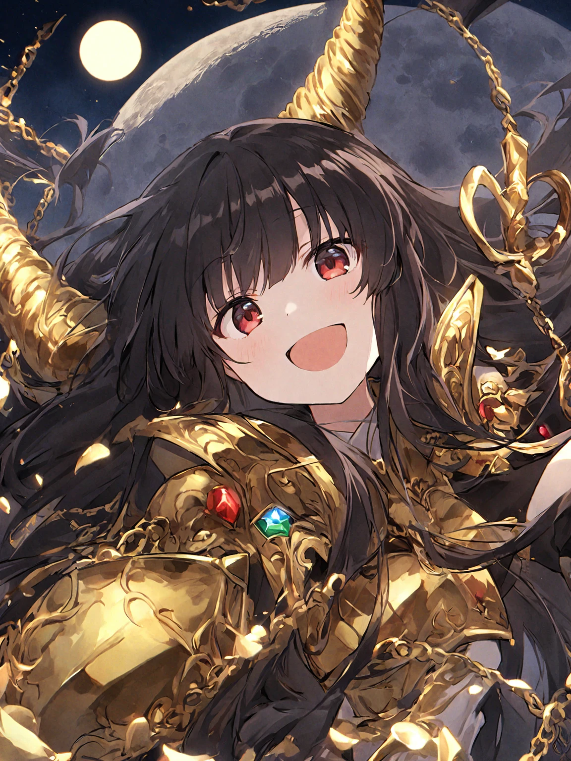 defined lines,houraisan_kaguya_touhou,long_hair, black_hair, very_long_hair, smile,bangs, red_eyes, brown_eyes,(Ornate golden armor plates,golden horn ornaments,multicolored gemstones,yellow and black clothes,black glove,Black torso,Golden chains),night,moon in the upper left corner