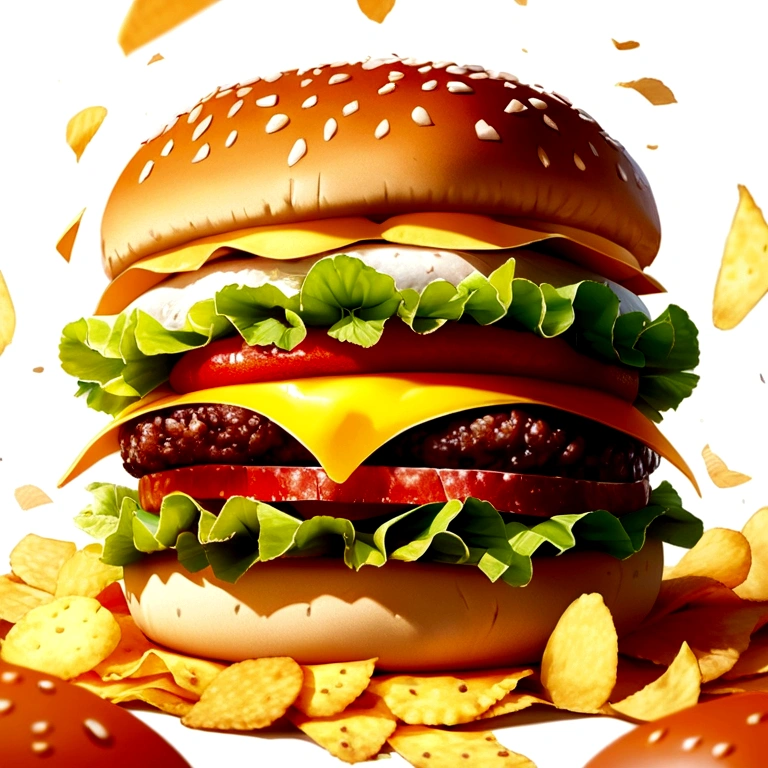 Realistic image of a big hamburger with chips raining on a white background