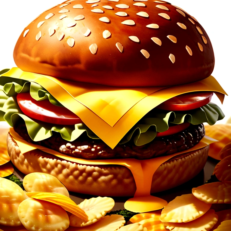 Realistic image of a big hamburger with chips raining on a white background