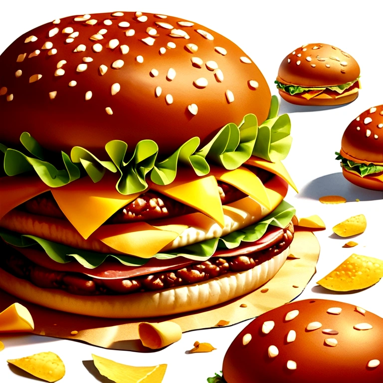 Realistic image of a big hamburger with chips raining on a white background