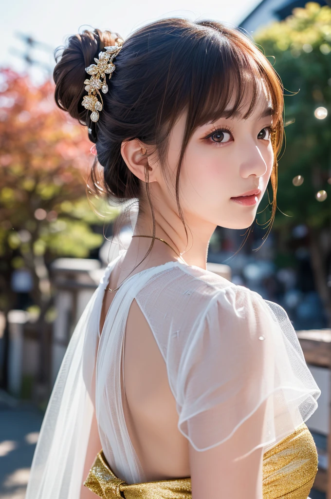 ((Highest quality, 8K, masterpiece: 1.3)),RAW Photos,Realistic atmosphere,Lens flare, Ray Tracing,(Detailed beautiful white skin:1.3),Beautiful Japanese,22 years old, Detailed face,Bun Hair,A gorgeous hairstyle with red and gold hair accessories,Kyoto Nishijin Women&#39;s Yukata,(Watching the fireworks wearing a floral yukata:1.2),(White yukata with sleeves:1.2),((Ribbon-type obi:1.3)),((Looking back with an innocent smile:1.3)),Raise your hand and rejoice,Blurred grand fireworks,(Many colorful fireworks:1.2)Star Mine,Fireworks across the sky,Large fireworks,Huge fireworks