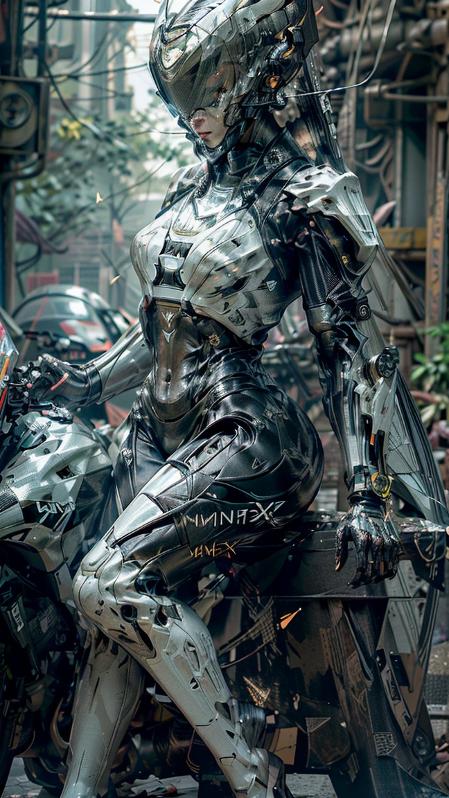 ((best quality)), ((masterpiece)), ((realistic)), (detailed), (photorealistic:1.5), (((succubus ))),((beautiful face, sharp face)), (thick body), (white bodysuit), lights on armor, (((Transparent cybernetic helmet wear))), ((looking at viewer)), dynamic pose, post apocalyptic, destroyed city background, buildings on fire, science fiction, hdr, ray tracing, nvidia rtx, super-resolution, unreal 5, subsurface scattering, pbr texturing, post-processing, anisotropic filtering, depth of field, maximum clarity and sharpness, rule of thirds, 8k raw, (luminescent particles:1.4), (extremely detailed cg, unity 8k wallpaper, 3d, cinematic lighting, lens flare), reflections, sharp focus, cyberpunk art, cyberpunk architecture,((ride motorbike))