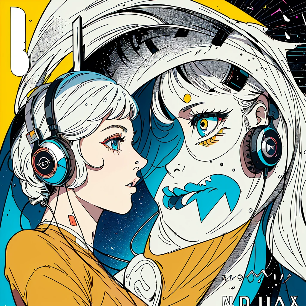 (((masterpiece, Highest quality))),(((alone:1.2))),(((One girl:1.2))),32K Wallpapers, Very detailed, Poster, Vintage science fiction, 1960s,(((((geometric cinematic Music poster))))), (futuristic), shape,(((Plane composition))), Midcentury Modern, movie Poster, Vintage, Perfect Lady,1970s, Halftone, Speech bubble,(((portfolio,close))),(((Different angles))),(((breast enhancement))),((highlight)),Vast landscape,((((Heterochromia iridis)))),(((completion. Detailed face))),(((Very talented))),(((Wearing headphones))),((Overall colorful))