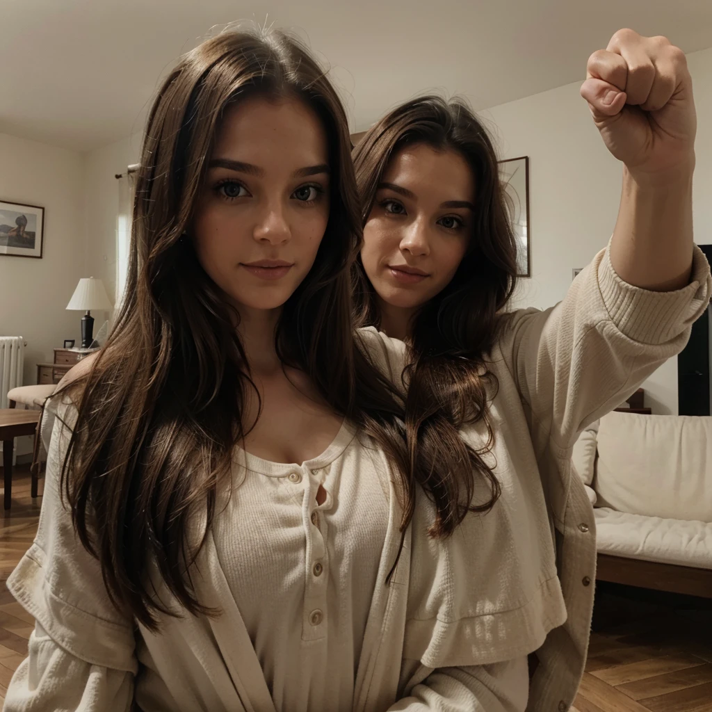 Thumbs up, selfie, brown hair, long hair, interieur maison, take herself, beauty, hd, réaliste, ultra réaliste, 4K