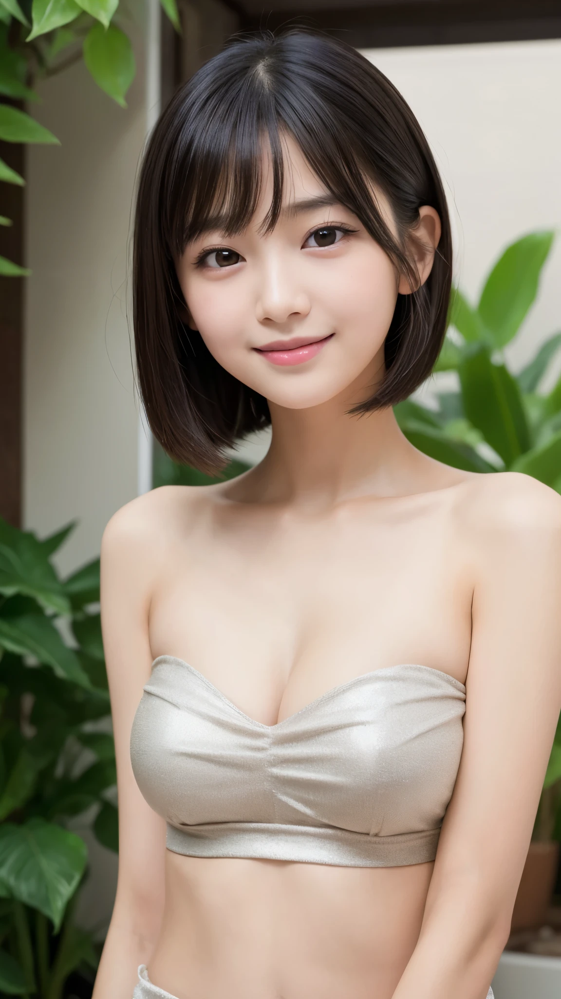 Detailed face, Cute face, Unparalleled beauty, Shiny、Tightening、Glowing Skin, Bangs between the eyes, Shiny真っ直ぐな美しい金髪, short hair, eyeliner, sexy, A beautiful and pure 10-year-old, High resolution big beautiful bright black eyes, beautiful and adorable girl, Baby Face, Small face ,Thin neck ,Small shoulders ,Thin arms , belly button,(Tube top), Slightly enlarged chest ,smile,looking at the camera,front,