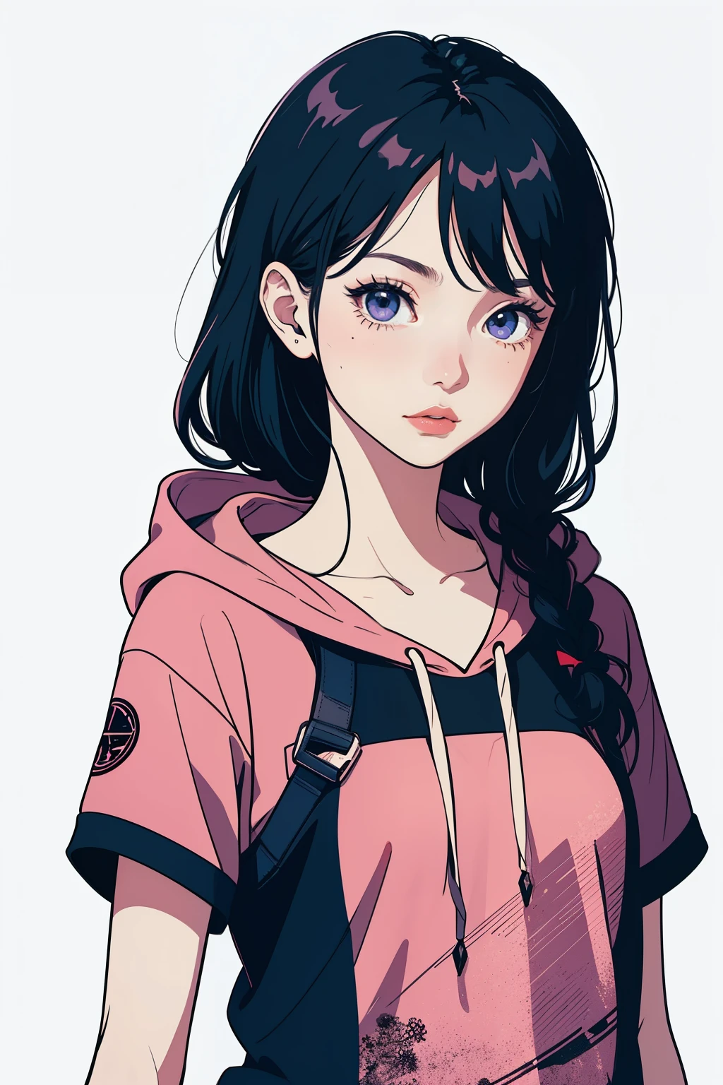 Create a vector design for a t-shirt featuring a stylish girl wearing a hoodie. The design should highlight her in a dynamic pose, capturing a sense of confidence and modern street style. The hoodie should have intricate patterns and a logo design on the front. Use a color palette of pastel pinks, purples, and whites, with subtle gradients to add depth. The overall style should blend elements of anime and minimalist digital art, with clean lines and a sleek finish. Include background elements like abstract shapes and geometric patterns to enhance the visual appeal.