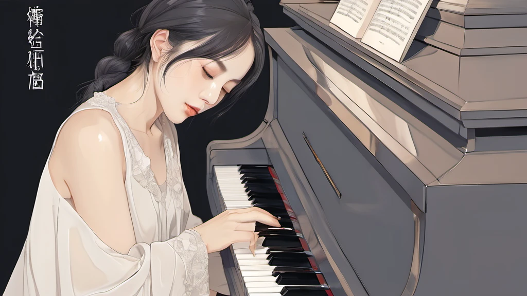 xxmixgirl,,Jing-Hao Zhang style, dark gray and light black, 8K resolution, Miho Hirano, character caricature, Albert Edelfeldt, playing the piano