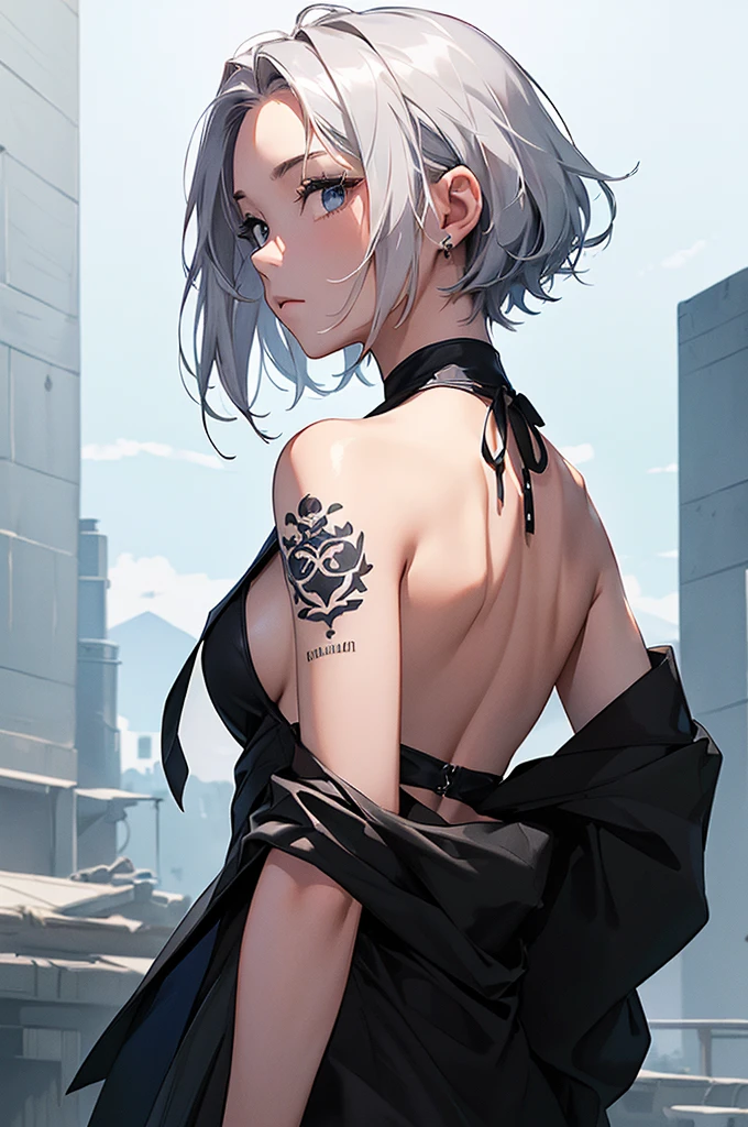 (Image from chest up:1.4)((masterpiece:1.5,Highest quality,Beautiful images、Sketch、2.5D、Ink Painting、Abstract、Artistic、Portraiture))(1girl, 独奏)(medium breasts, Silver Hair、short hair、sideboob、Exposing shoulders、Tattoo on shoulder)(横顔のPortraiture,Gaze sideways、Gaze diagonally、Shake your head、A sad expression, floating hair)(モノトーンのAbstractな背景)((from backside:1.3)),Landscape