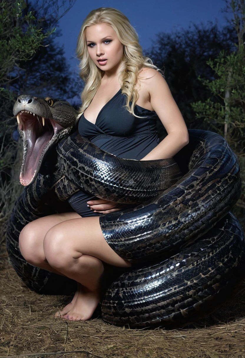 Pregnant  Happy Horny, aroused 1girl), beautiful kneeling blonde   girl  with  giant colossal black titanboa squeezing her hard, wrapped in thick spiraling coils, constricted, struggle, gasping for air, snake attack, snake peril, moonless night, dim light