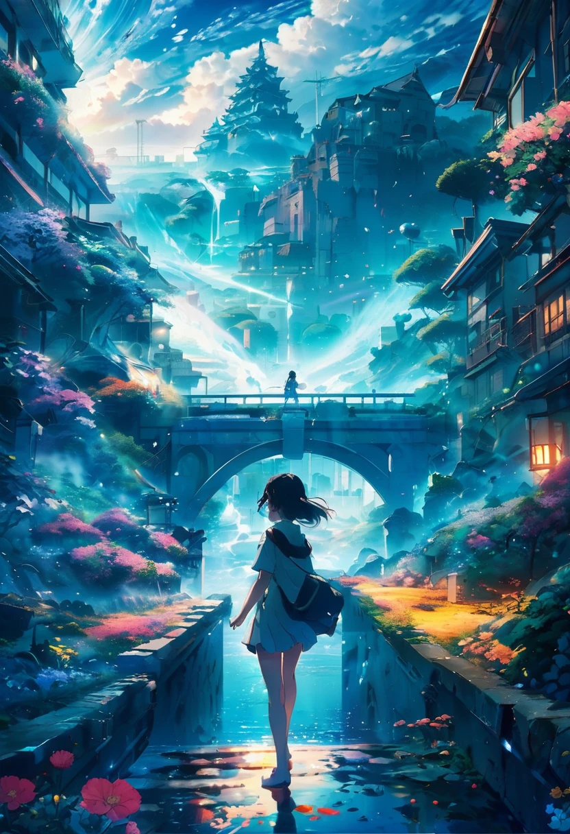 anime key visual, Masterpiece landscapes,A girl, From ruined city, complex background, foggy condition, cyberdelic, flowering light, Macro lens, Estilo Tsuchida, splash of water drops 