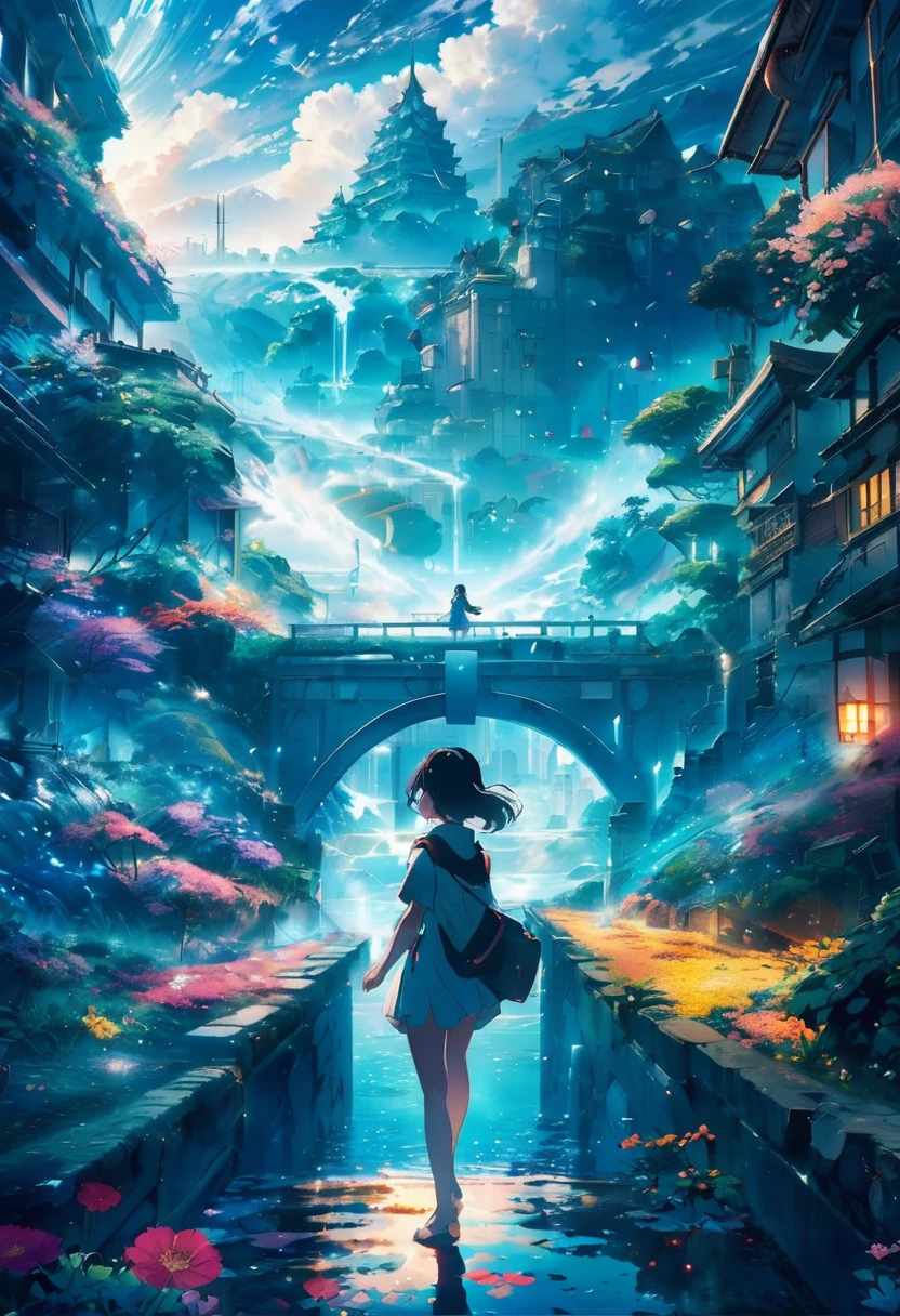 anime key visual, Masterpiece landscapes,A girl, From ruined city, complex background, foggy condition, cyberdelic, flowering light, Macro lens, Estilo Tsuchida, splash of water drops 