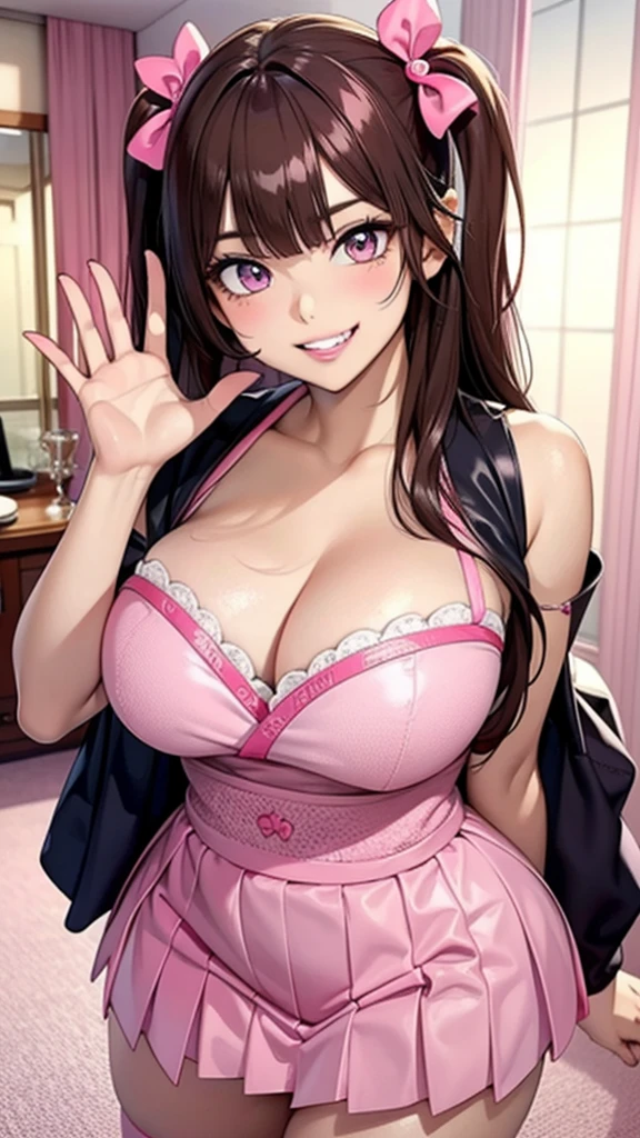 Big Lips, Brown Hair, Pink Eyes, The Face of Japan, Improve, Both sides up, hugeな胸, Wide Hips, sexy, Pink Theme, cute, detailed, Pink Room, Decora, bangs, Grin, Improve outfit, cute, Pleated skirt, Cleavage, hugeなおっぱい, huge , Dynamic pose, Dynamic Angle, evil Grin, Leopard