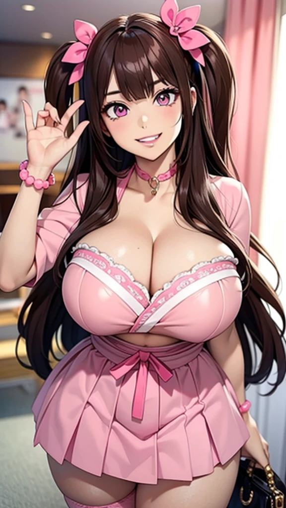 Big Lips, Brown Hair, Pink Eyes, The Face of Japan, Improve, Both sides up, hugeな胸, Wide Hips, sexy, Pink Theme, cute, detailed, Pink Room, Decora, bangs, Grin, Improve outfit, cute, Pleated skirt, Cleavage, hugeなおっぱい, huge , Dynamic pose, Dynamic Angle, evil Grin, Leopard