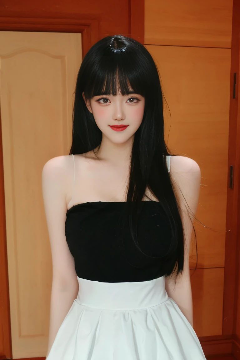 best quality, tmasterpiece,Ultra-high resolution,Clear face,（Reality：1.4），ferpect lighting，(upper body shot:1.5), (photorealistic:1.50), anime wallpaper, Guviz style artwork, cover-up fantasy up to magic , by Yang J, Guviz, beautiful artwork illustration, beautiful digital artwork, beautiful digital illustration, Li Song, beautiful anime portrait, art style in Beauvot,1girl,black hair, long hair,bangs, smile,Blush,(front:1.3),(standing:1.3), Bare shoulders, Cheeks flushed, Blush, Eye bags closed,
Sweet girl outfit5, (high waist skirt), (Black skirt),indoor,In the room, (Curtain  Background:1.3), mirror, (super Giant breasts:1.3),Arms behind back,