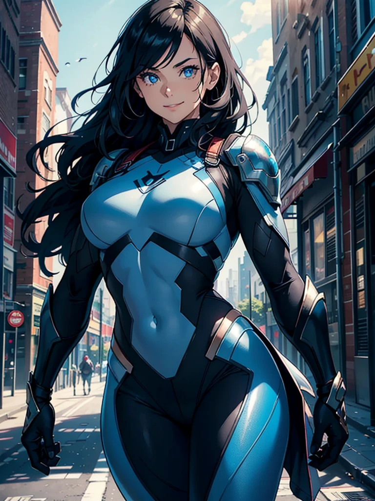 16K, HDR,UHD, RTX, ray tracing, chiaroscuro, best quality, masterpiece, ethereal, perfect illustration, digital artwork, trending on artstation, jaw-dropping perfection, ultra realistic, textured amazing lighting effects, perfect shadows, WLOP, 1girl, beautiful mature edgy woman in a cool long jacket and black pants, superhero suit, stomach covered by clothing, shoulder-length hair, shoulder-length hair, wavy hair, black hair, highly detailed glowing blue eyes, glowing eyes, blue eyes, beautiful glowy blue eyes, detailed eyes, beautiful face, perfect anatomy, broad shoulders, strong upper-body, modern city, city, beautiful weather, stunning sunshine, sunny, daylight, sunlight, modern, nature, daytime, superhero, uplifting, heroic, heroic pose, smiling, smiling at camera, athletic, hands near hips, glowy eyes, daytime, black and blue superhero suit, metal shoulder-pads, summertime, radiant sunlight, beautiful cityscape, hair blowing in wind, manly shoulders, big smile, wide smile, happy eyes, joyful, smiling with teeth, very tall, wide shoulders