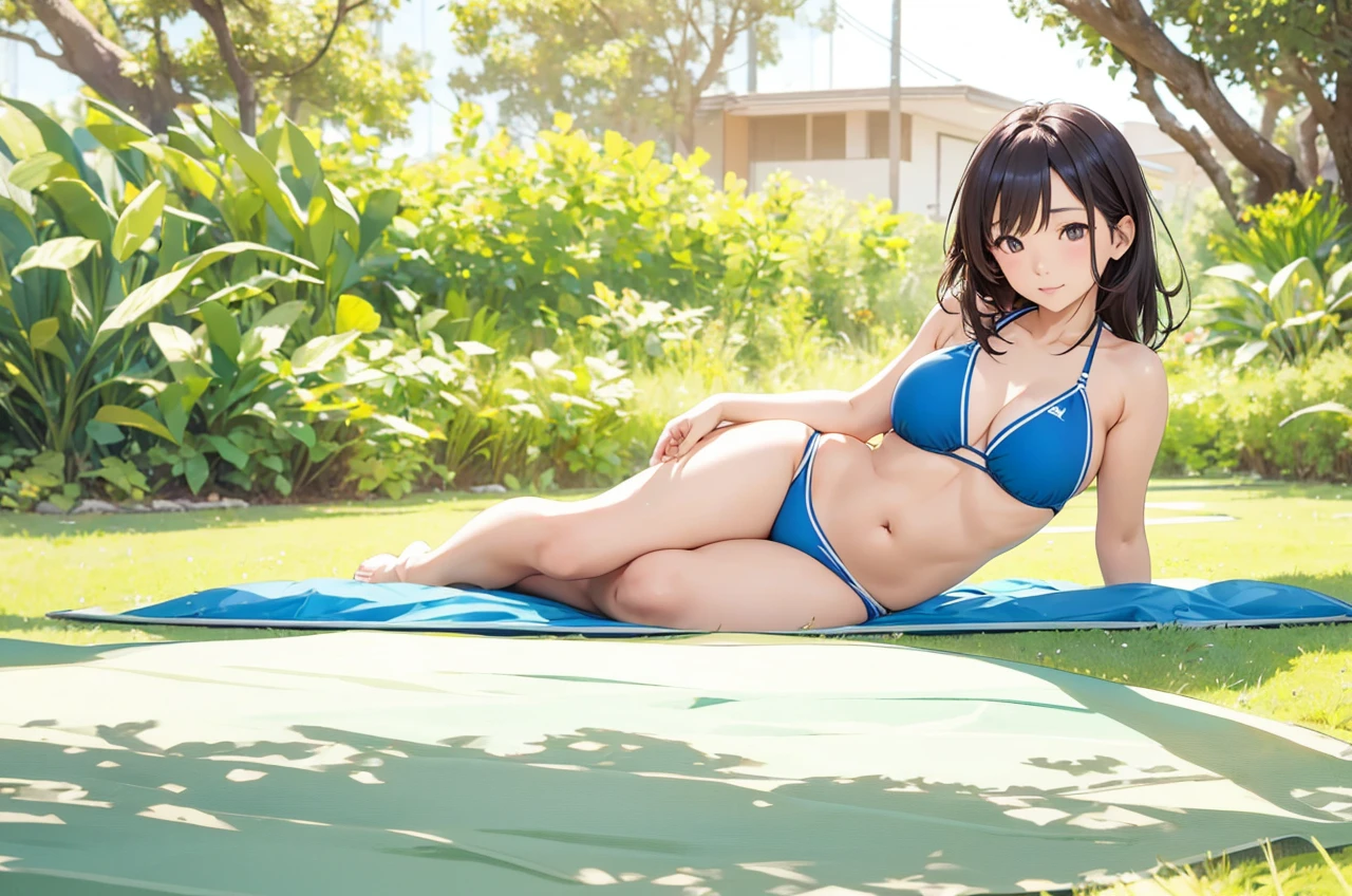 Kasumi Nakasu in a bikini laying down on her side with her arm for support poseing