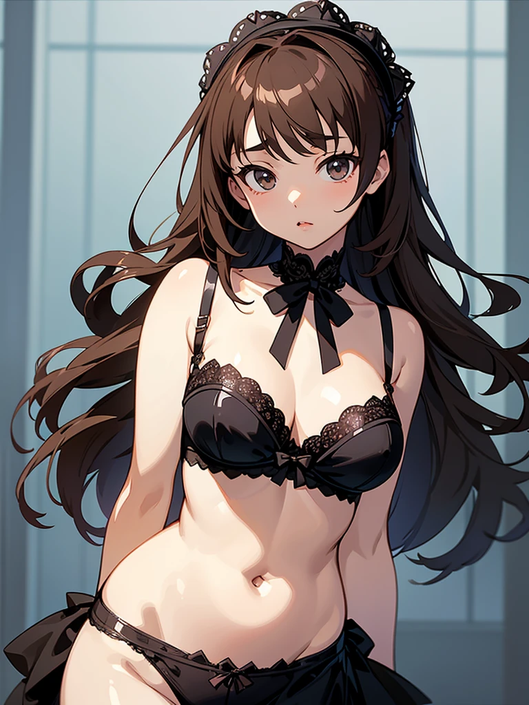 master piece, extremely detailed, high resolution,Makoto Shinkai style、high school girl、1 girl、Slim figure、Upper body only、Gothic ta design bra、Cute panties with a gothic loliesign、Glossy, plump lips、Shiny Hair、Brown Hair、Long Straight Hair、Mid-chest、Narrow waist、Girl's room view、Backwards、Looking up from below、Skirt is held back、Embarrassed look、Looking at me shyly、Red cheeks、