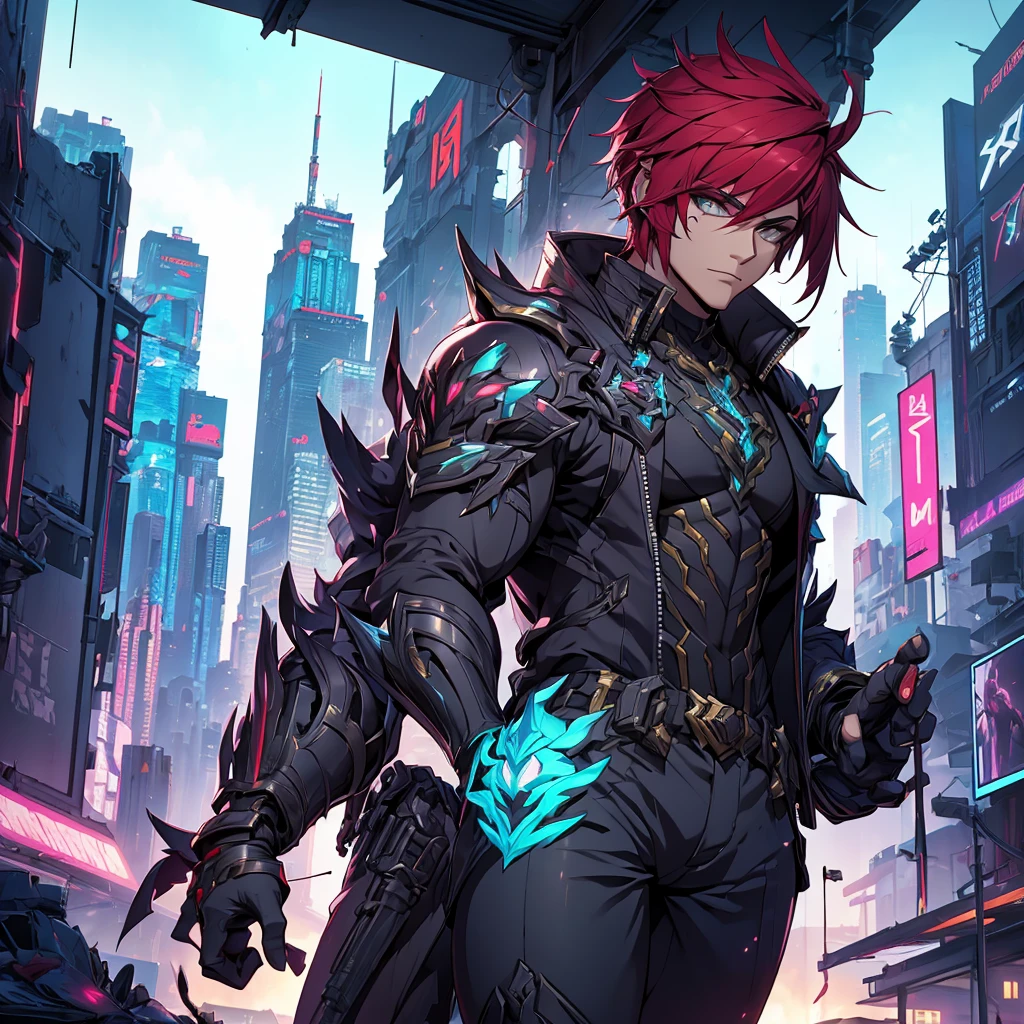 male character. he has an armor-like outfit. cyberpunk style. character looks like Sett from League of Legends