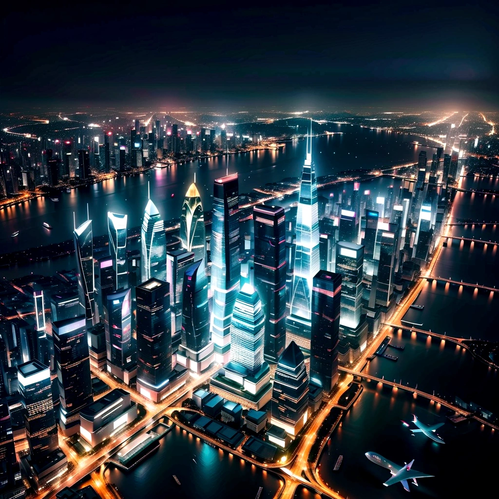 View from the airship cabin, Night view of skyscrapers, (Ultra-high resolution,8K),Fantasy, The world of picture books, (Highest quality), Outstanding Image