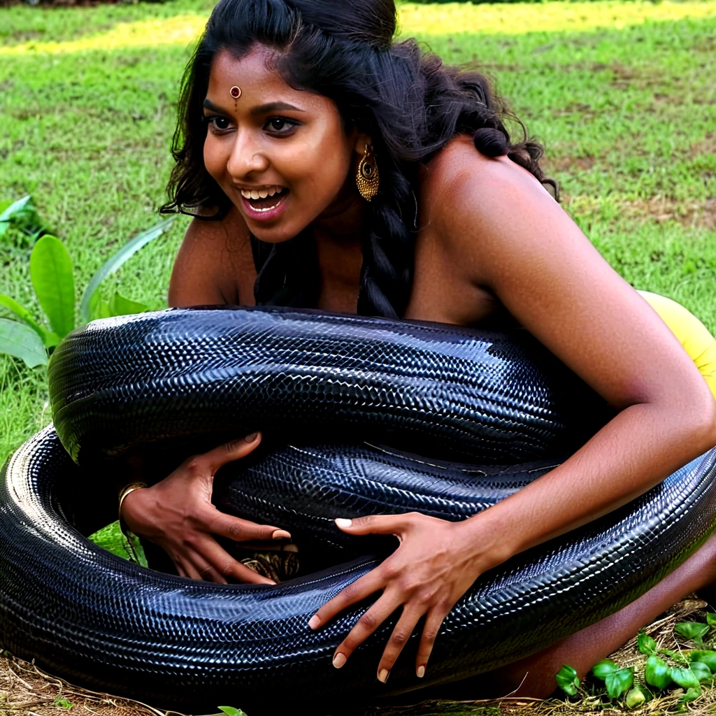 Topless Happy Horny, aroused 1girl), beautiful kneeling Indian  girl with black giant colossal titanboa squeezing her hard, wrapped in thick spiraling coils, constricted, struggle, gasping for air, snake attack, snake peril, in the rainforest 