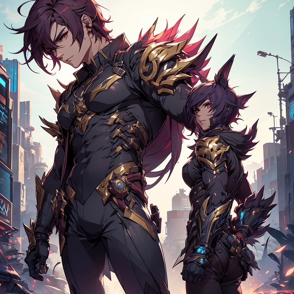 male character. he has an armor-like outfit. cyberpunk style. character looks like Sett from League of Legends